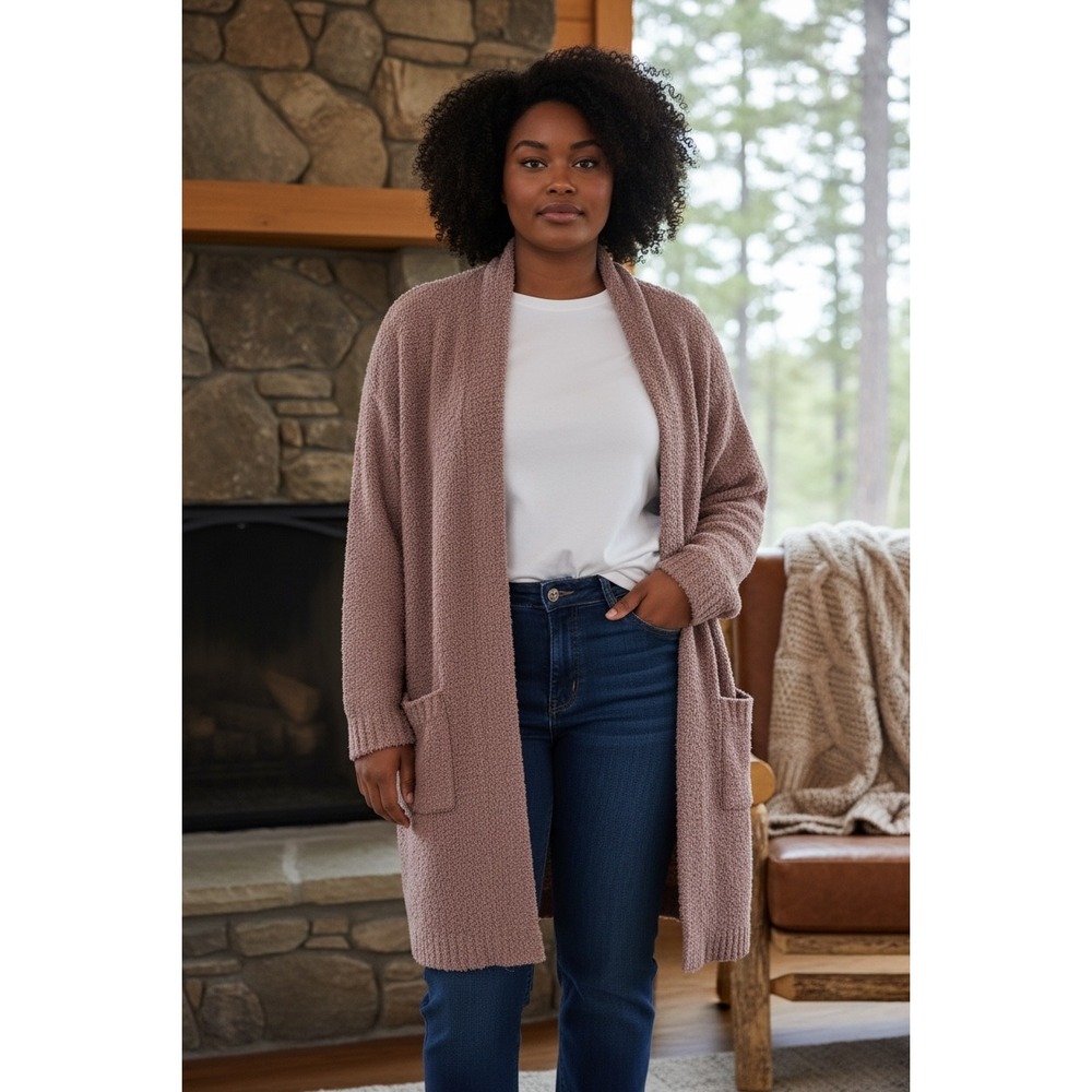 SKIMS Cozy Knit Cardigan Robe L/XL Rose Clay Pink Fuzzy Boucle Pockets Cabincore - Picture 1 of 6